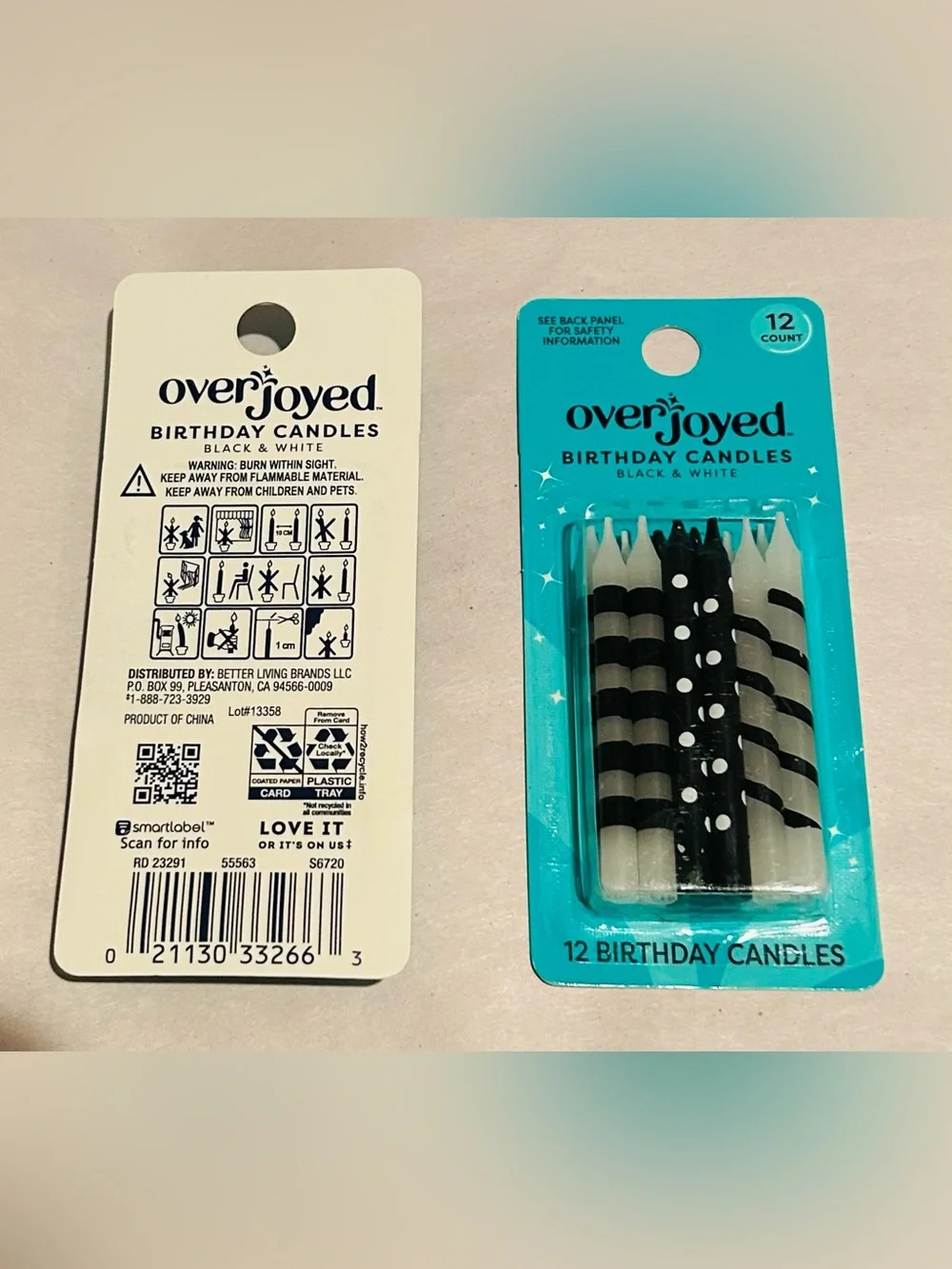 New 2 Packages Overjoyed Black and White 2 3/8” Candles 24 Candles Total